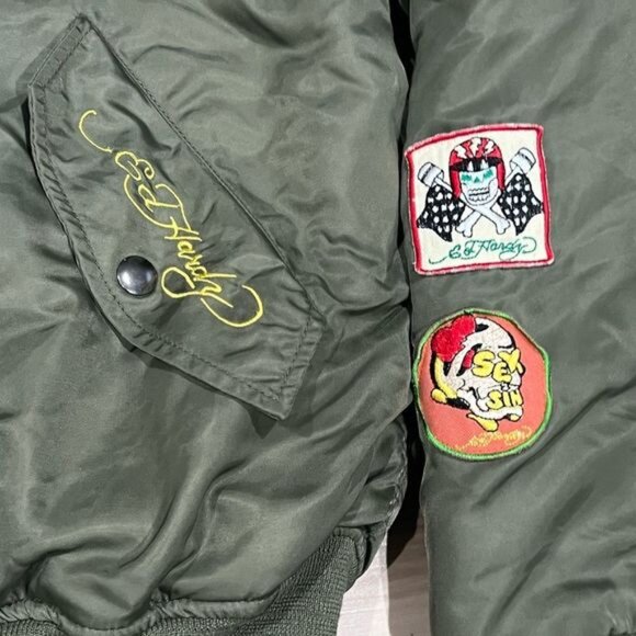 Ed Hardy Green Patches Bomber Jacket Coat Men’s Medium - Picture 4 of 9